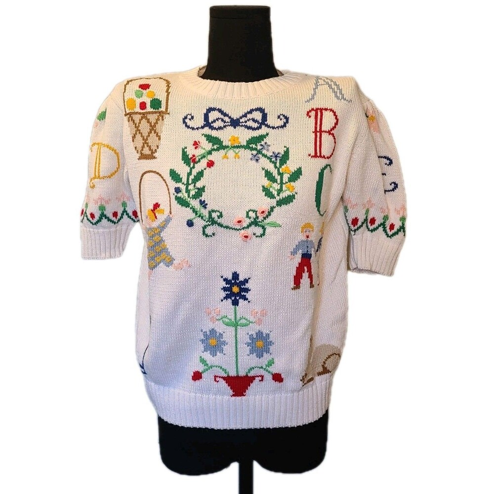 Vintage Hand Knit Sweater Grandma Cottage Core Size Small Easter ABCs Teacher